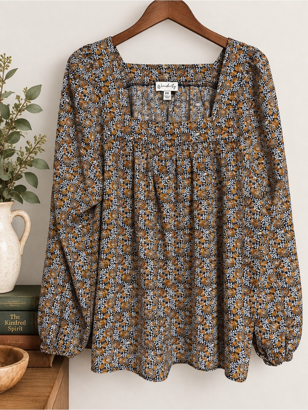 Boho Folk Floral Square Neck Babydoll Blouse XXL Mustard Navy